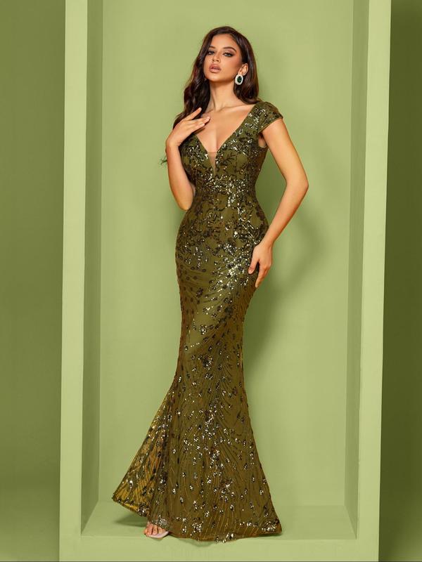 Women's Sequins Mermaid Evening Dress, Elegant V Neck Cap Sleeve Evening Party Gown, Ladies Clothes for Prom Cocktail Banquet Wedding Guest, Formal Wear
