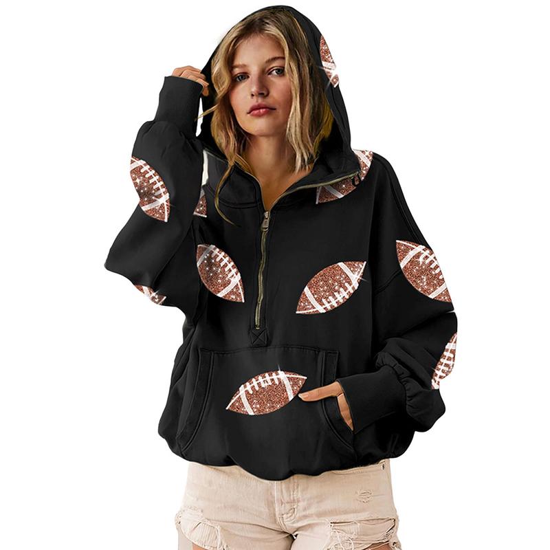 Ommig Womens Game Day Sweatshirts Football Sequin Hoodies Tailgate Outfits Long Sleeve Zipper Sweaters with Pocket