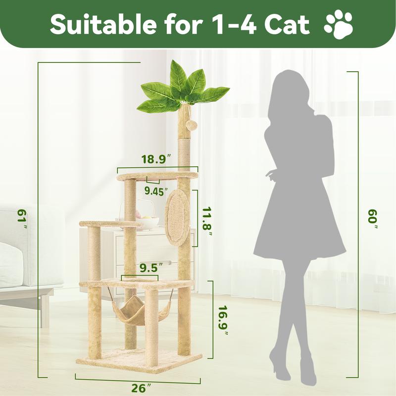 WeCharmer Cat Tree / Tower for Indoor with Green Leaves, Cat Condo Cozy Plush House with Hang Ball, Pet Furniture with Scratching Posts cat tree