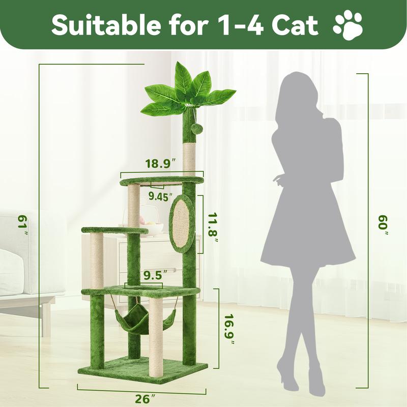 WeCharmer Cat Tree / Tower for Indoor with Green Leaves, Cat Condo Cozy Plush House with Hang Ball, Pet Furniture with Scratching Posts cat tree