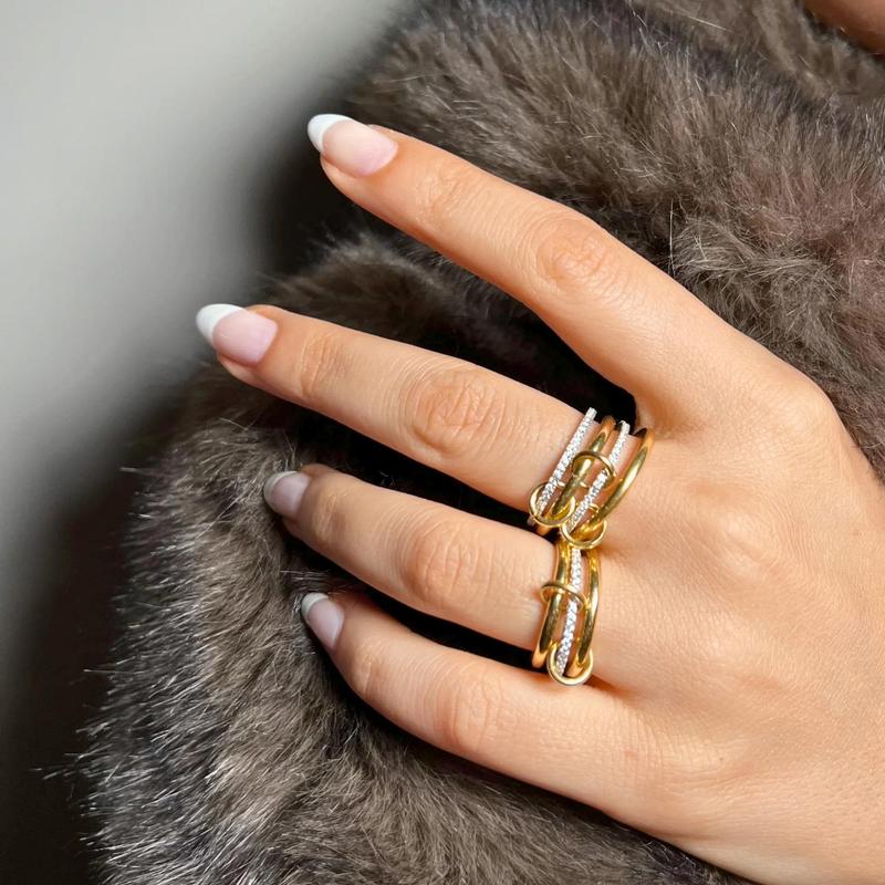 Tewiky Gold Interlocked Stackable Rings for Women - Statement Multi Ring Mixed Metals Stack - Cubic Zirconia Two-Toned Stacking Jewelry