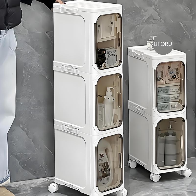 UFORU 4-Tier Tall Narrow Storage Cabinet, Plastic Slim Storage Organizer with Doors and Adjustable Shelves, Wheels, Stackable & Collapsible Storage Cabinet for Small Spaces, Bathroom, Kitchen FathersDayGift