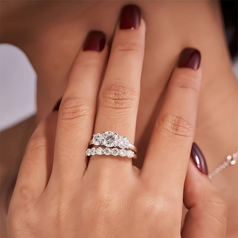 10/10 Moissanite Lab-Created 2Colors Set Ring 2CT VVS Clarity 14K Gold Plated Stackable 3 Stones Hypoallergenic Band for Women Wedding Engagement Birthday Gift Anniversary Prom Party Holiday Date Casual Bling Iced Jewelry