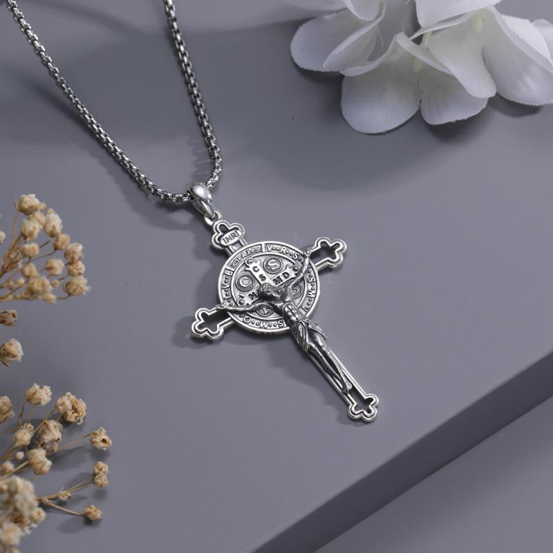 DRINSPER Saint Benedict Cross Necklace 925 Sterling Silver San Benito Pendant Necklace, Pardon Crucifix Necklace, Religious Jewelry for Men Women