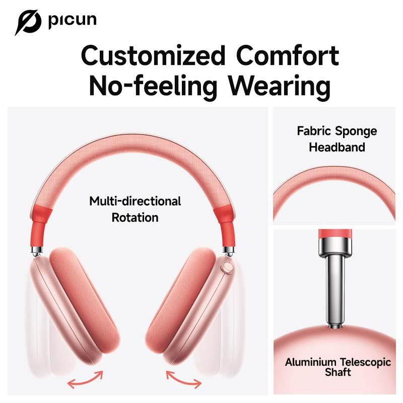 Picun F8 Pro Wireless Headphones - 52dB Noise Cancellation, 5 Smart ENC Mics, Detachable Fabric Ear Cushions, 140 Hour Standby, Seamless Dual Device Connection for All-Day Use and Boosted Productivity