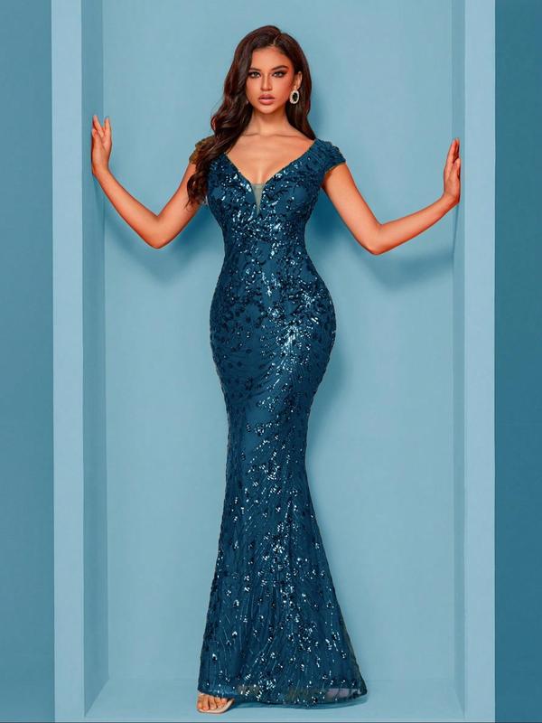Women's Sequins Mermaid Evening Dress, Elegant V Neck Cap Sleeve Evening Party Gown, Ladies Clothes for Prom Cocktail Banquet Wedding Guest, Formal Wear