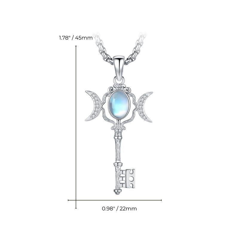 Audinceed Hecate's Key S925 Sterling Silver Moonstone Necklace, Witchtok Collection, Hekate Triple Moon Goddess Pagan Wiccan Magic Silver Necklace Pendant Protection Blessed Amulet Jewelry Gift for Women Men