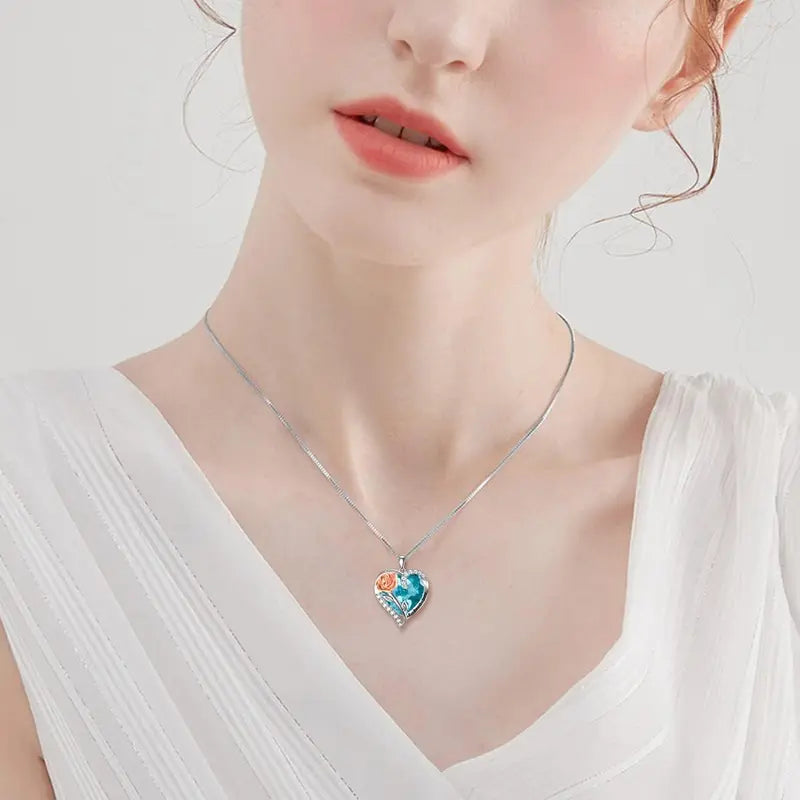 Birthstone Necklace for Women 925 Sterling Silver Rose Flower Heart Crystal Pendant Necklaces I Love You Jewelry Birthday Christmas Gifts for Women Her Girlfriend