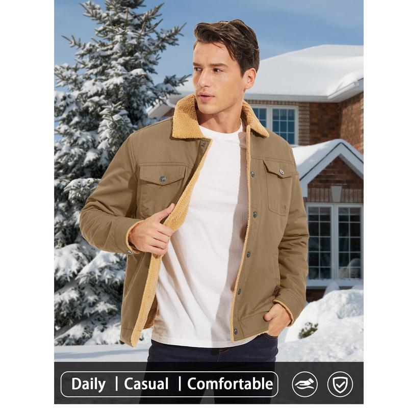 MAGCOMSEN Men's Winter Jacket Sherpa Lined Jacket Warm Trucker Coat Multi Pocket Casual Collared Menswear Tops Cotton Fleece Long Sleeve