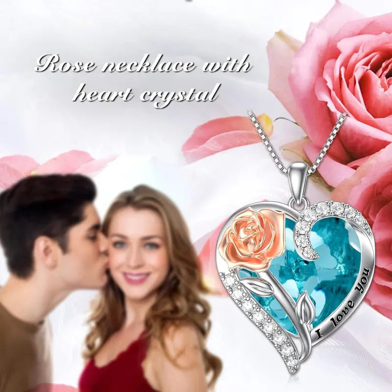 Birthstone Necklace for Women 925 Sterling Silver Rose Flower Heart Crystal Pendant Necklaces I Love You Jewelry Birthday Christmas Gifts for Women Her Girlfriend