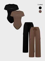 Women's Shortsleeve Bodysuit & Drawstring Waist Pants Set, Fitted Casual Style Round Neck Snap Bodysuit & Pocket Trousers, Minimalist Clothes for All Seasons, Y2k Statement Outfits Set, Womenswear, Basic Casual Matching Yoga Clothes Set