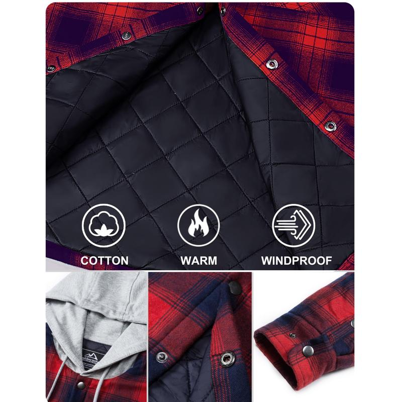 MAGCOMSEN Men's Flannel Shirt Jacket with Hood Quilted Lined Long Sleeve Plaid Hooded Jacket Button Down Spring Winter Warm Coat