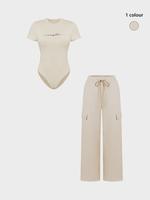 Women's Shortsleeve Bodysuit & Drawstring Waist Pants Set, Fitted Casual Style Round Neck Snap Bodysuit & Pocket Trousers, Minimalist Clothes for All Seasons, Y2k Statement Outfits Set, Womenswear, Basic Casual Matching Yoga Clothes Set