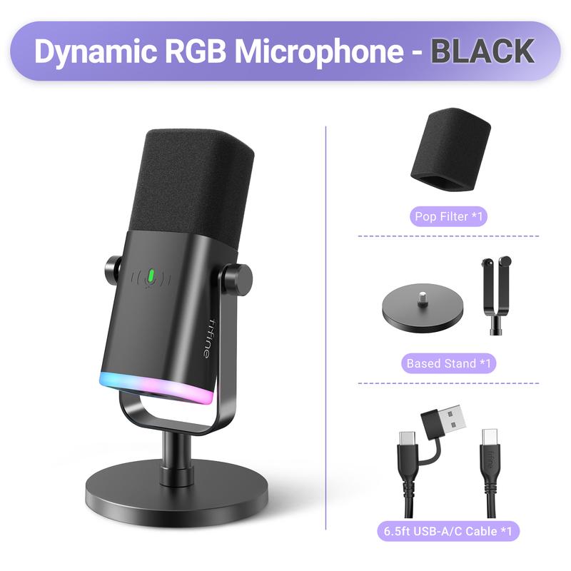 FIFINE AM8 XLR/USB Gaming Microphone for Podcast Recording, Dynamic RGB Mic with Quick Mute, headphone jack, Gain Knob, Volume Control, Desktop Mic for PC Gamer, XLR mic for audio interface mixer, for smartphone