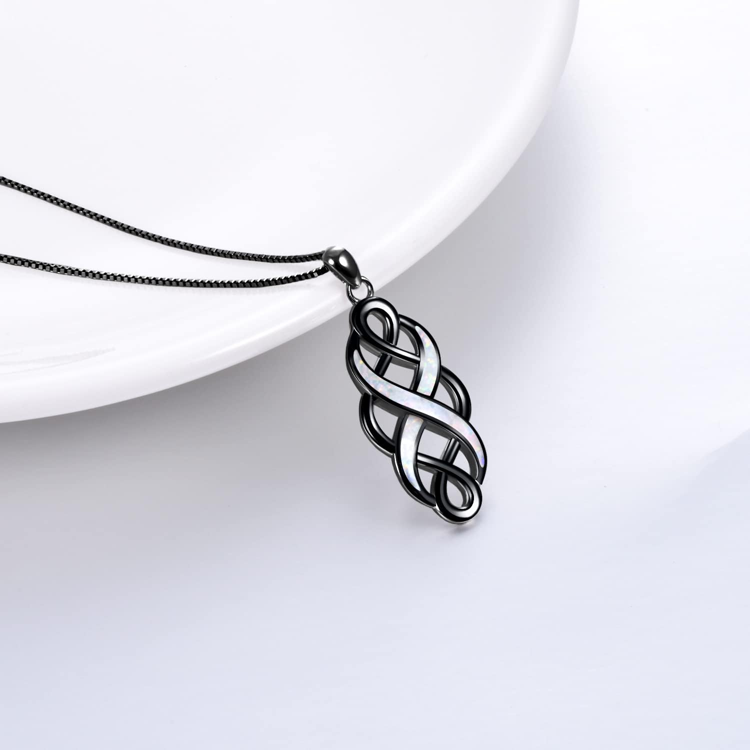 YFN Irish Celtic Knot Created Opal Pendant Necklace Sterling Silver Black Necklaces for Women Men 18"