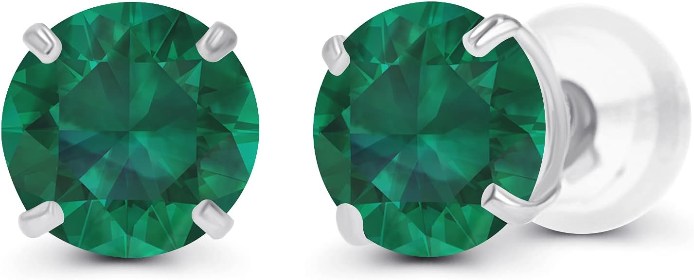 Solid 14K Yellow, White or Rose Gold 4mm Round Genuine Gemstone Birthstone Prong Set Stud Earrings For Women