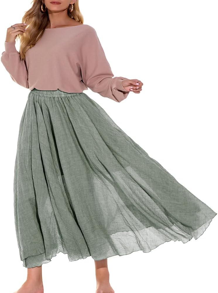 ASHER FASHION Women's Bohemian Style Elastic Waist Band Cotton Linen Long Maxi Skirt Dress
