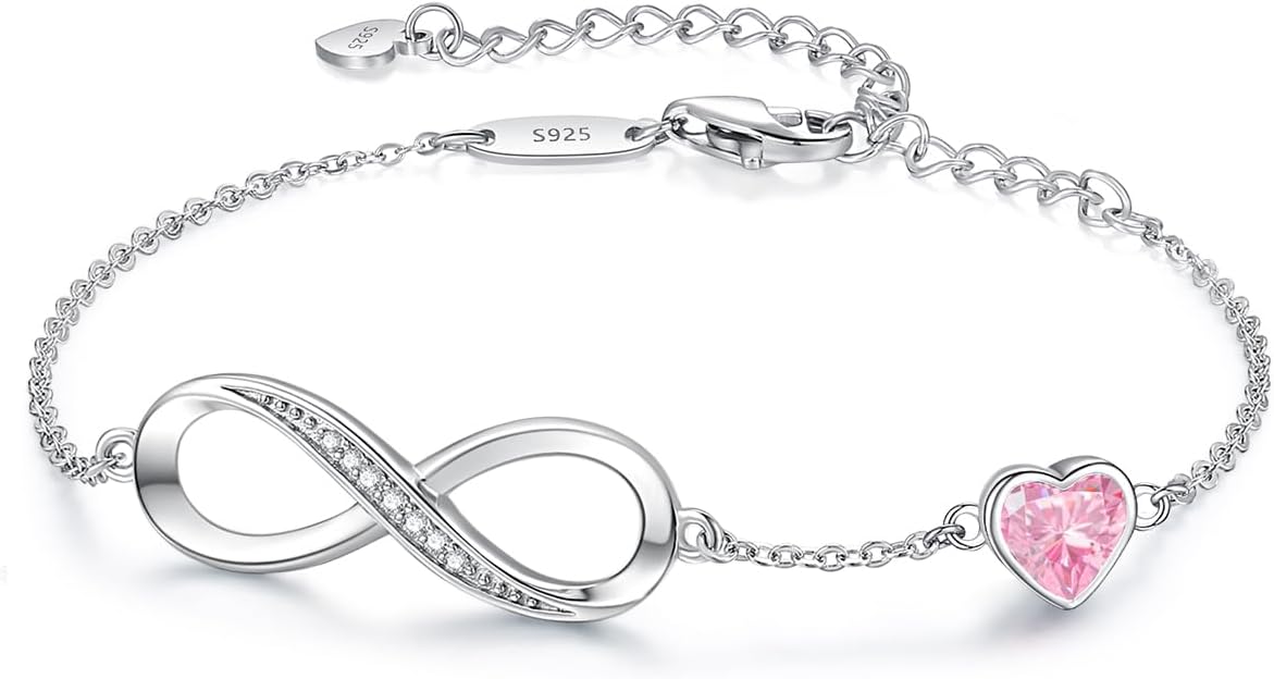 CDE Infinity Heart Birthstone Charm Link Bracelet for Women 925 Sterling Silver Adjustable Mother's Day Gift Anniversary Birthday Jewelry for Wife Girlfriend Her