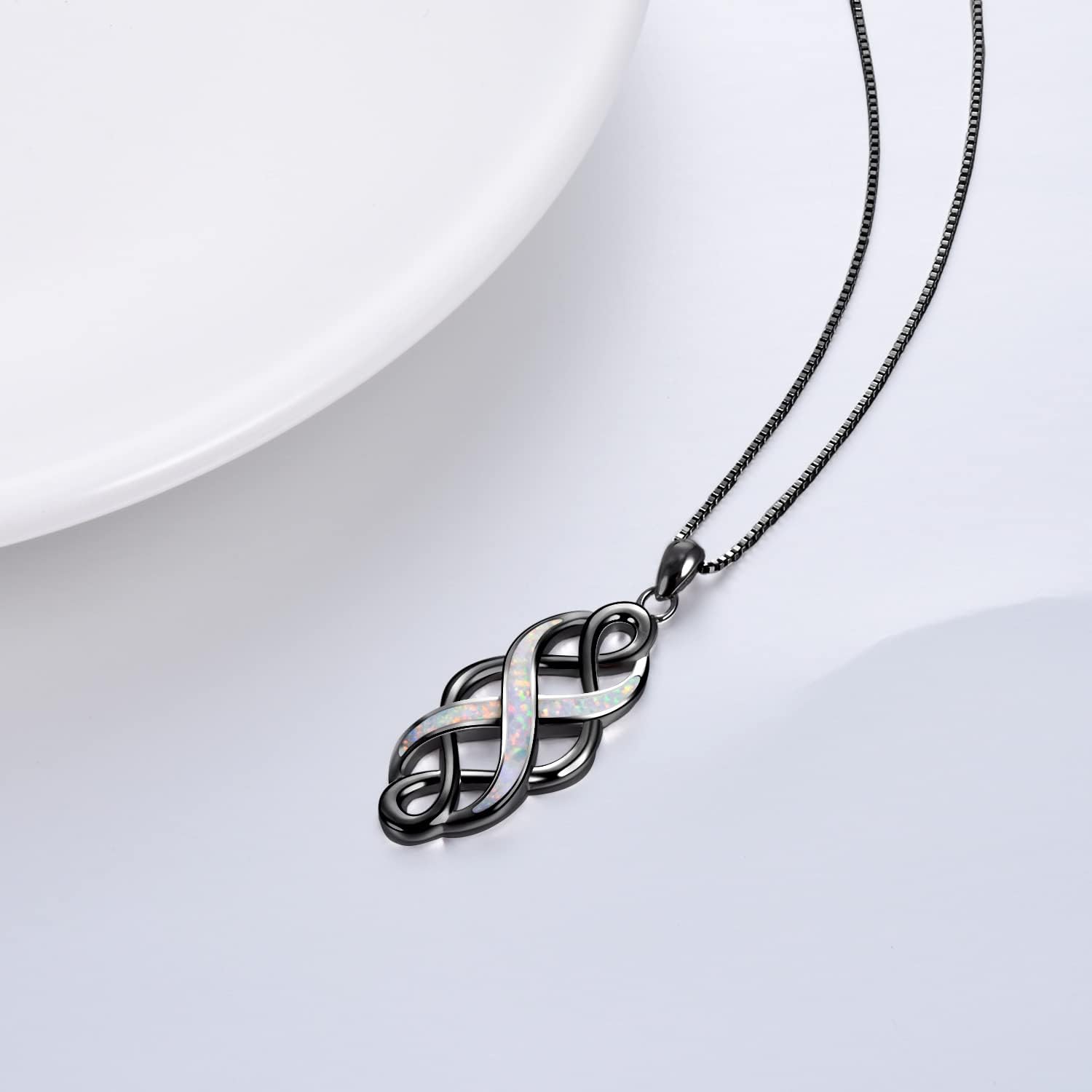 YFN Irish Celtic Knot Created Opal Pendant Necklace Sterling Silver Black Necklaces for Women Men 18"