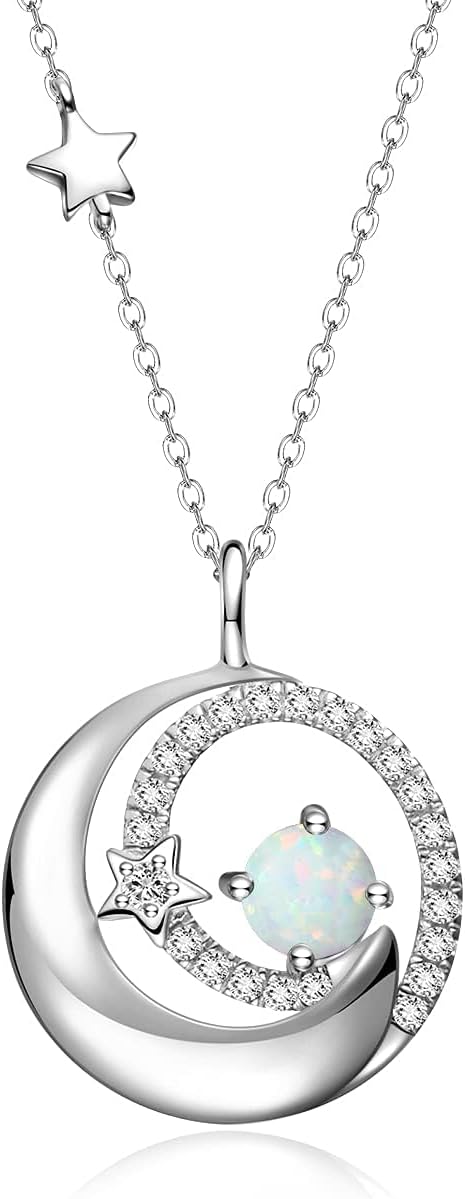 FANCIME Birthstone Necklaces 925 Sterling Silver Moon and Star Pendant Fine Jewelry Birthday Christmas Gifts for Mom Wife Her Daughter, Adjustable Chain 16+2"