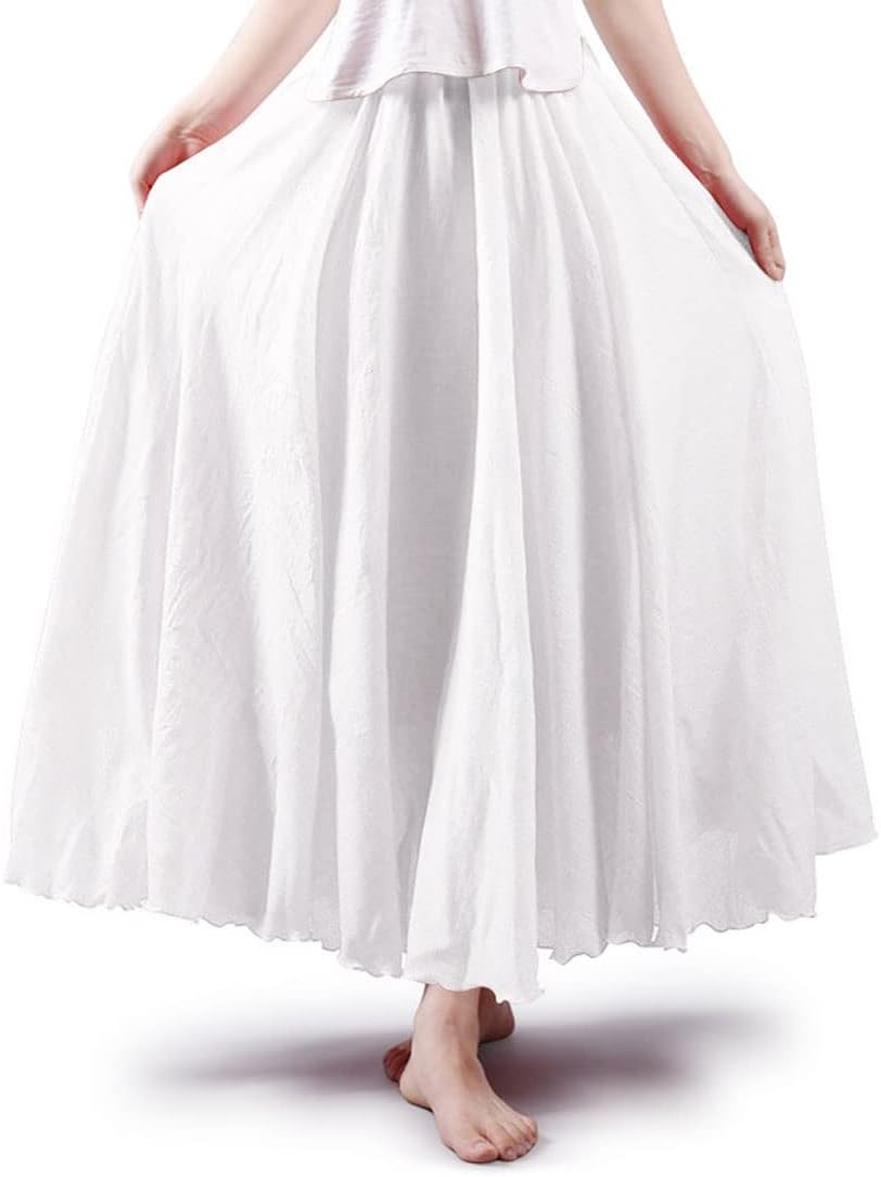 ASHER FASHION Women's Bohemian Style Elastic Waist Band Cotton Linen Long Maxi Skirt Dress