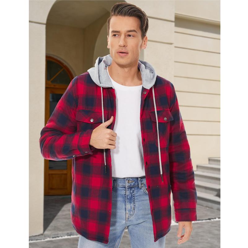 MAGCOMSEN Men's Flannel Shirt Jacket with Hood Quilted Lined Long Sleeve Plaid Hooded Jacket Button Down Spring Winter Warm Coat