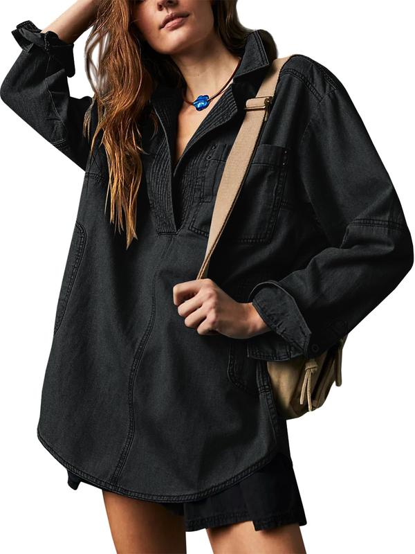 Tankaneo Women's Denim Pullover Casual Notch V Neck Blouse Loose Fit Long Sleeve Jean Jacket with Pocket