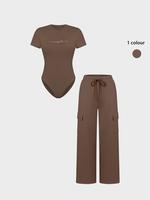 Women's Shortsleeve Bodysuit & Drawstring Waist Pants Set, Fitted Casual Style Round Neck Snap Bodysuit & Pocket Trousers, Minimalist Clothes for All Seasons, Y2k Statement Outfits Set, Womenswear, Basic Casual Matching Yoga Clothes Set