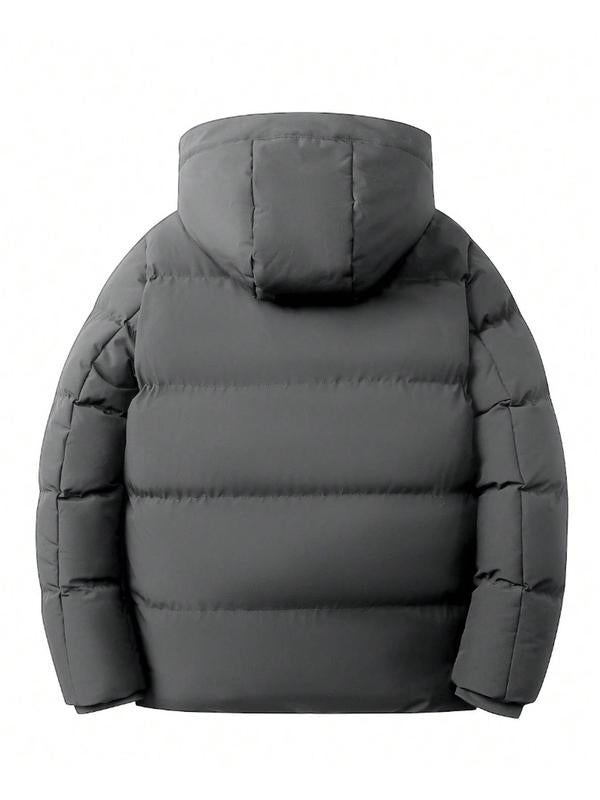 Men's Solid Color Patched Zip Up Longsleeves Hooded Winter Coat Jackets, Regular Fit Casual Long Sleeve Waterproof Warm Winter Jacket for Winter, Men's Clothes for Daily Wear