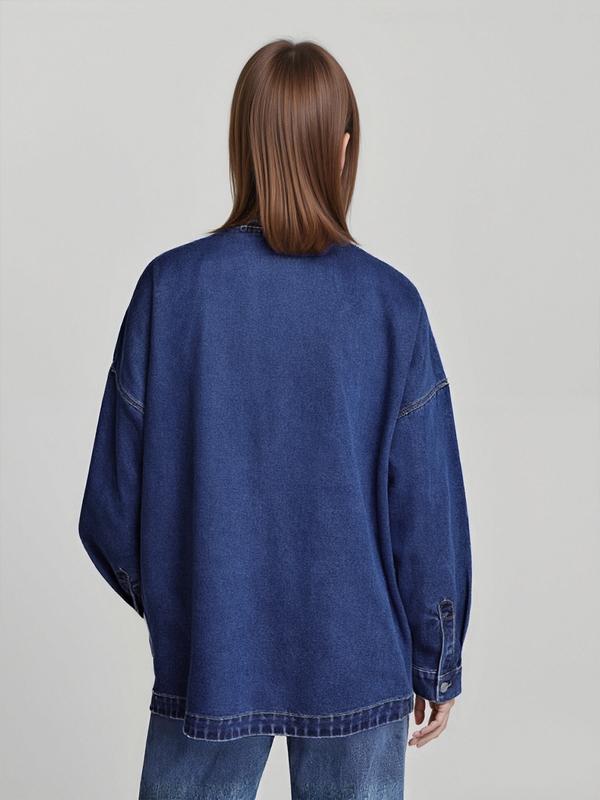 Women's Plain Button Front Drop Shoulder Curved Hem Denim Jacket, Casual Long Sleeve Pocket Design Collar Outerwear for Daily Wear, Ladies Clothes for All Seasons