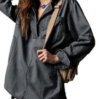 Tankaneo Women's Denim Pullover Casual Notch V Neck Blouse Loose Fit Long Sleeve Jean Jacket with Pocket