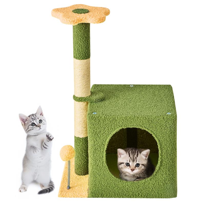 WeCharmer Cat Tree / Tower for Indoor with Green Leaves, Cat Condo Cozy Plush House with Hang Ball, Pet Furniture with Scratching Posts cat tree