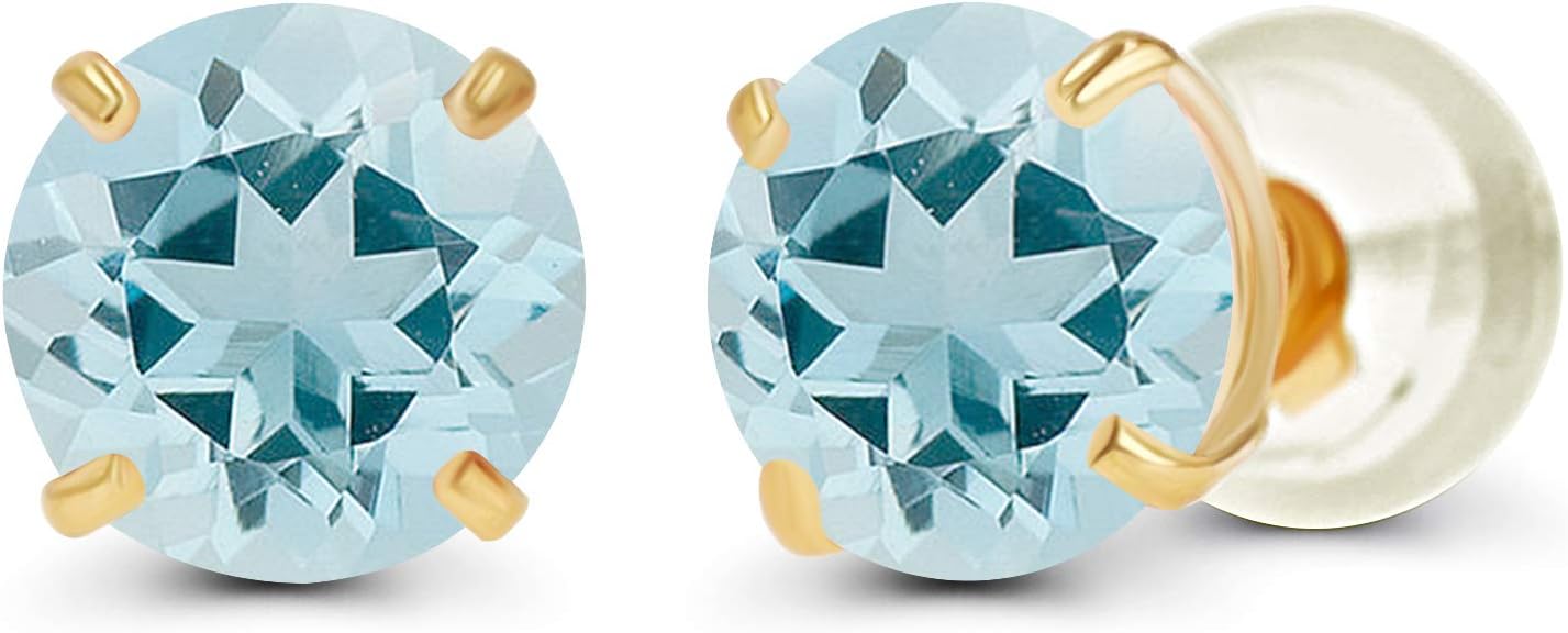 Solid 14K Yellow, White or Rose Gold 4mm Round Genuine Gemstone Birthstone Prong Set Stud Earrings For Women