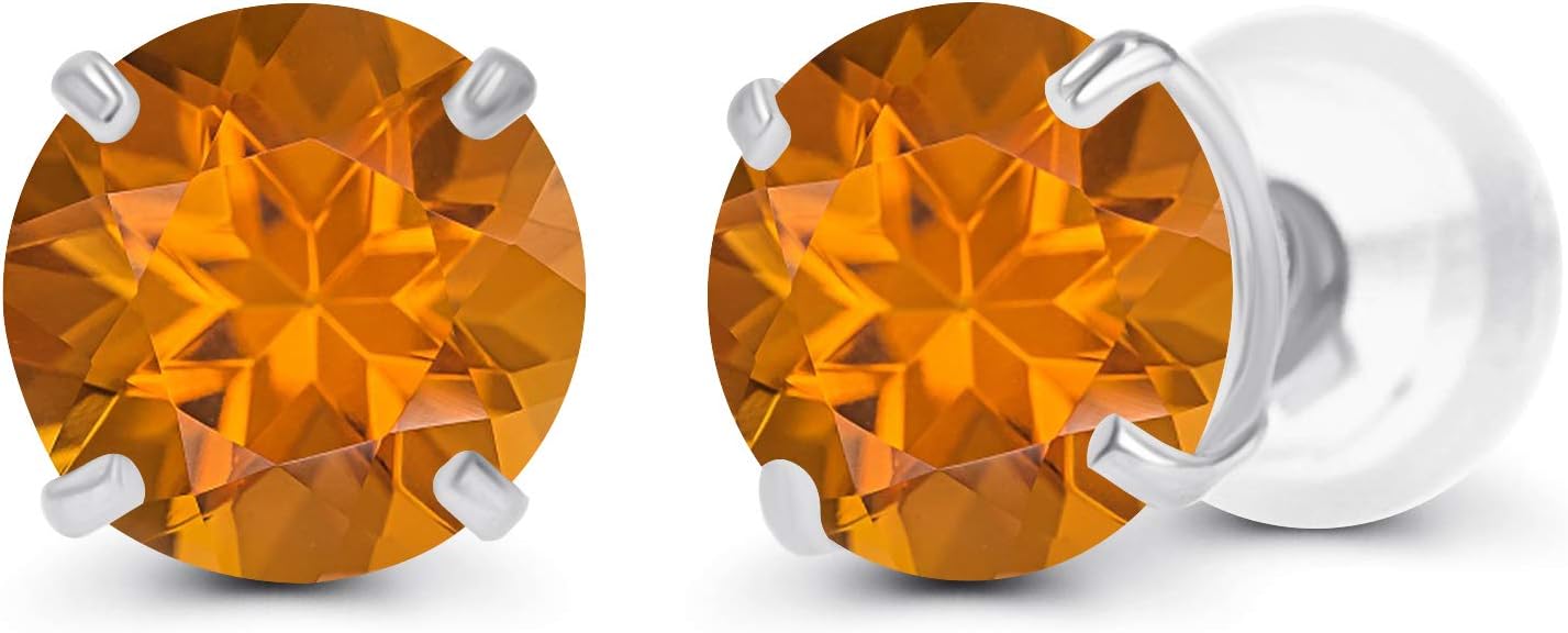 Solid 14K Yellow, White or Rose Gold 4mm Round Genuine Gemstone Birthstone Prong Set Stud Earrings For Women