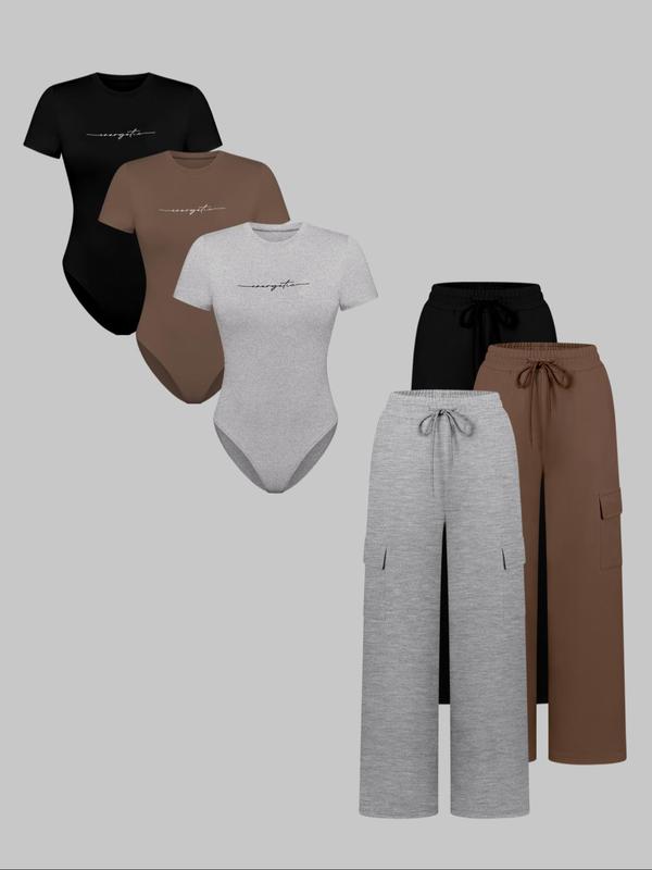 Women's Shortsleeve Bodysuit & Drawstring Waist Pants Set, Fitted Casual Style Round Neck Snap Bodysuit & Pocket Trousers, Minimalist Clothes for All Seasons, Y2k Statement Outfits Set, Womenswear, Basic Casual Matching Yoga Clothes Set