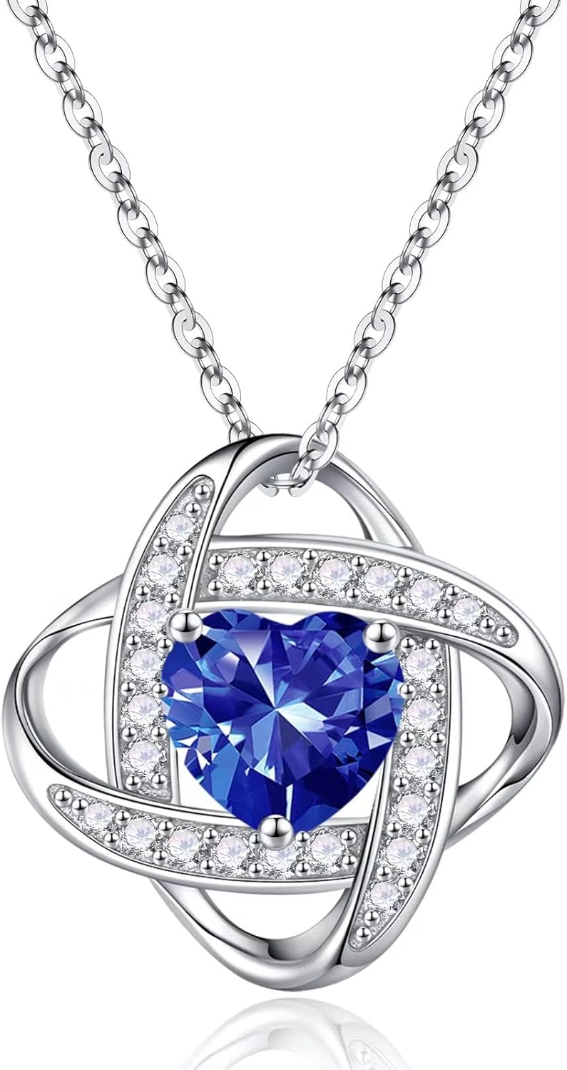 Iefil 925 Sterling Silver Love Knot Birthstone Necklace, Natural or Created Gemstone, Anniversary Birthday Gifts for Women, Jewelry Gifts for Wife Mom Girlfriend