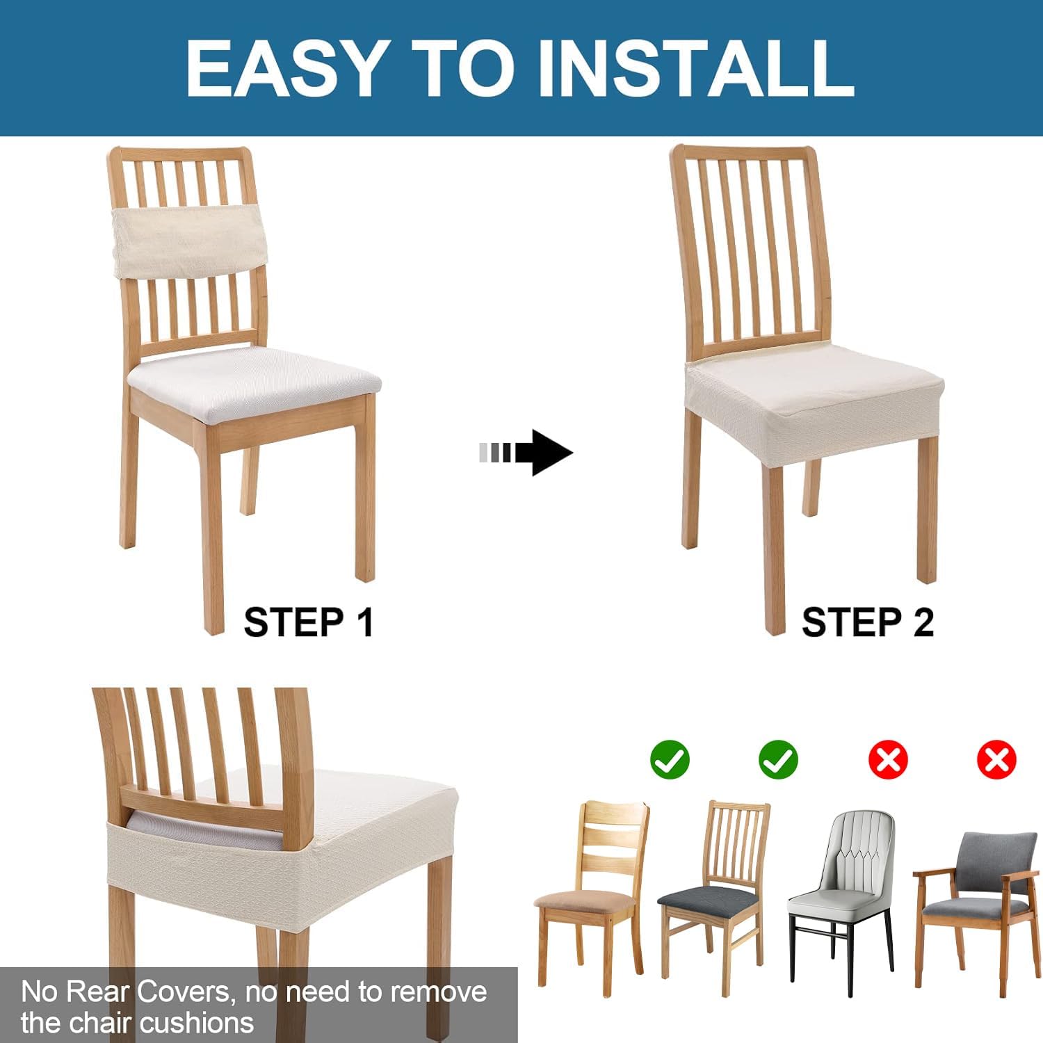Smiry Waterproof Seat Covers for Dining Room Chairs Set of 6, Stretch Jacquard Removable Washable Chair Seat Slipcovers Protector, No Rear Covers, Beige