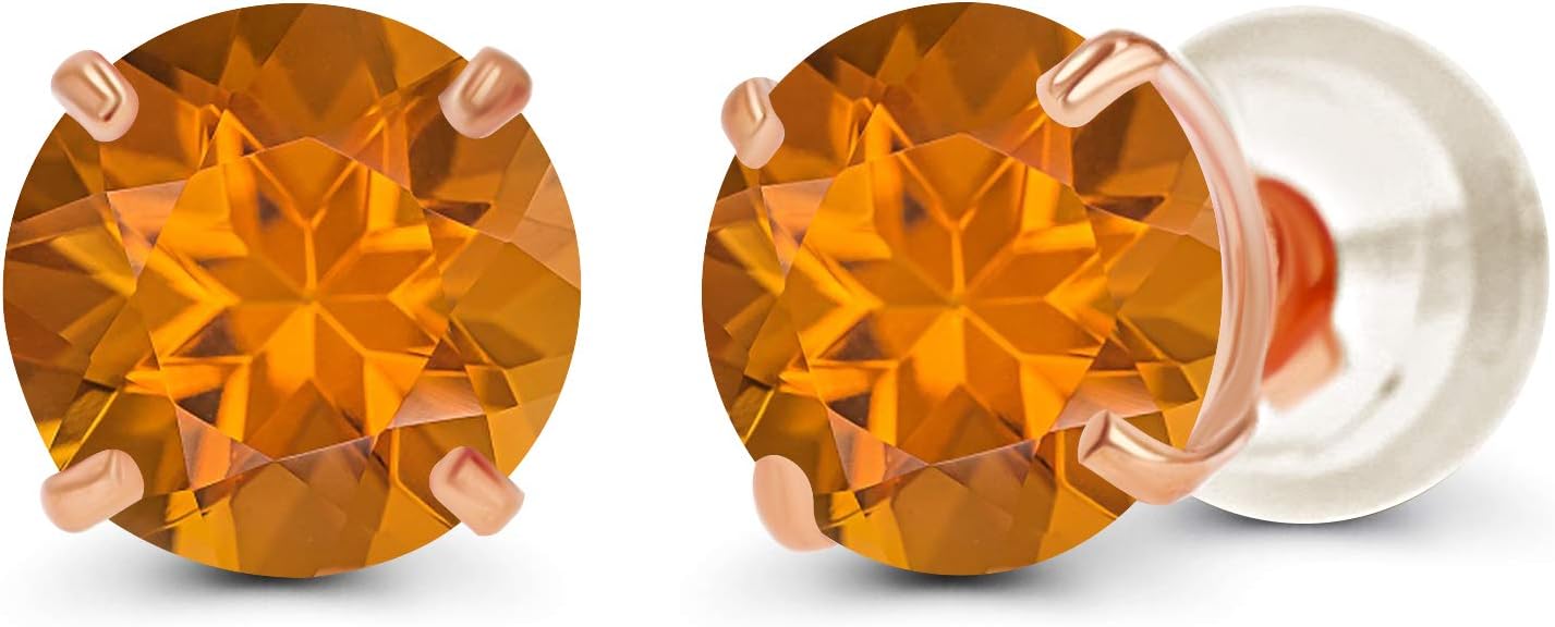Solid 14K Yellow, White or Rose Gold 4mm Round Genuine Gemstone Birthstone Prong Set Stud Earrings For Women