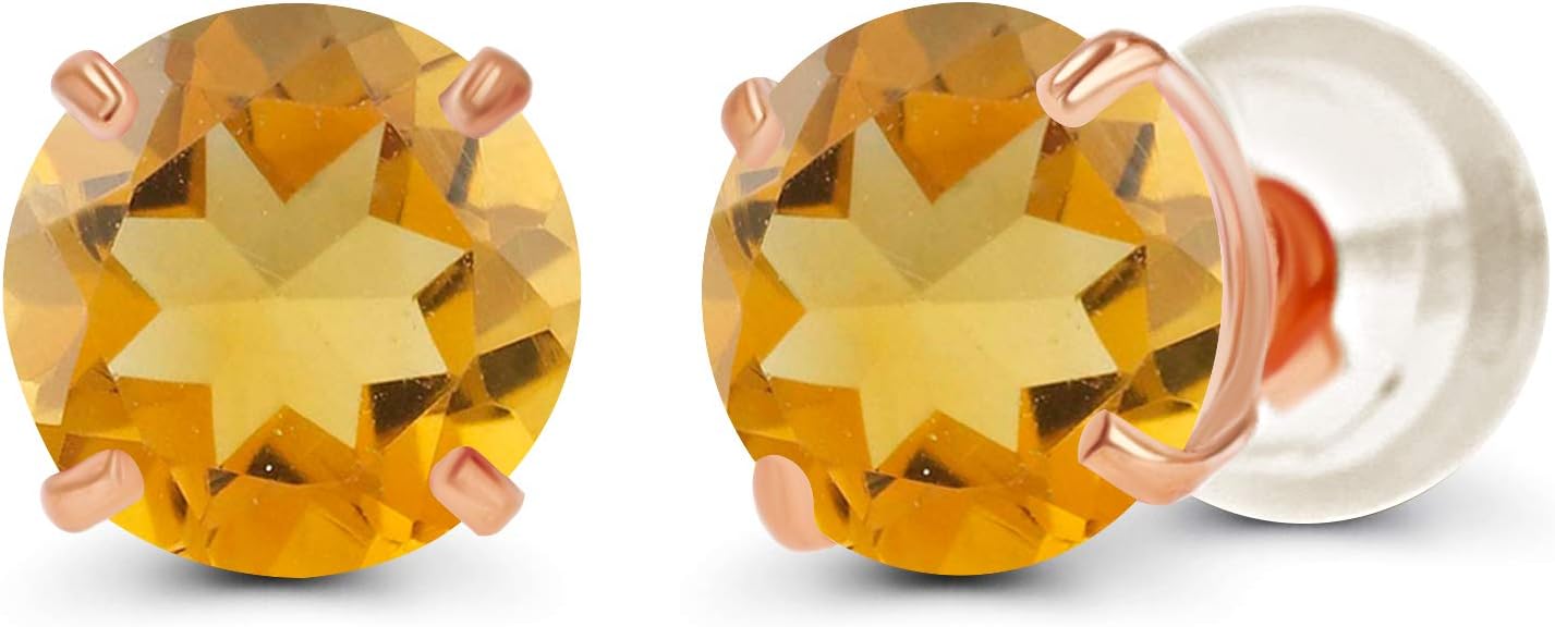 Solid 14K Yellow, White or Rose Gold 4mm Round Genuine Gemstone Birthstone Prong Set Stud Earrings For Women