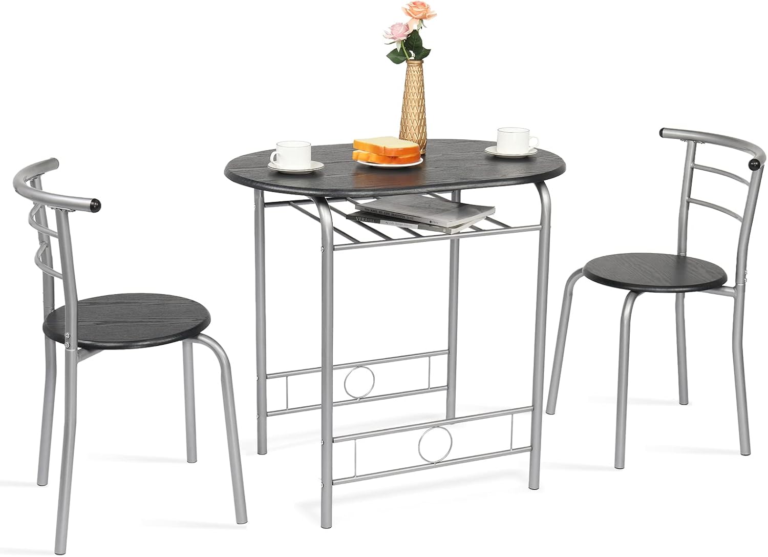 VINGLI 3 Piece Dining Set,Small Kitchen Table Set for 2,Breakfast Table Set,Kitchen Wooden Table and 2 Chairs for Small Space/Dining Room/Apartment,Metal Frame,Wine Rack,White&Light Oak