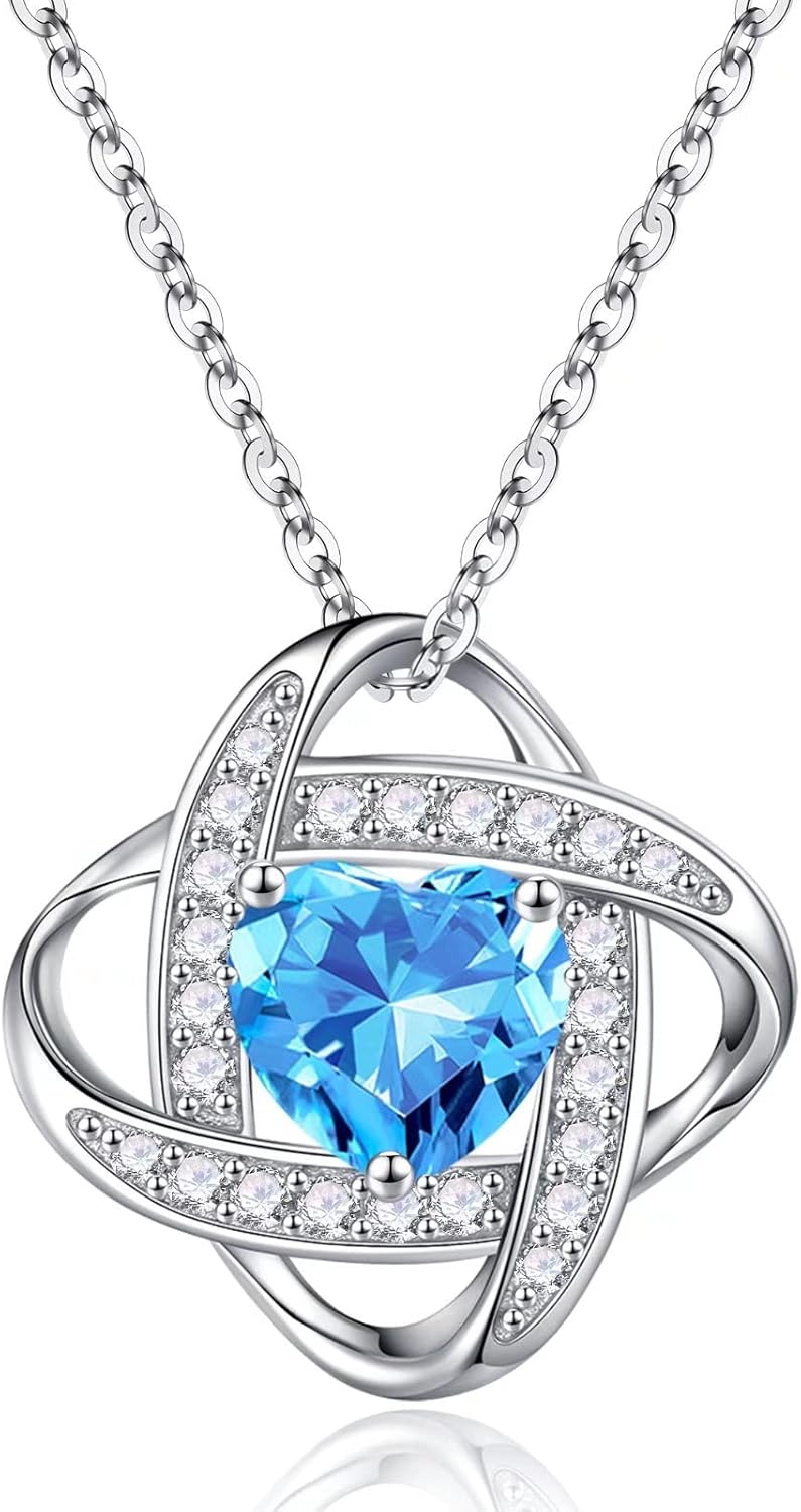 Iefil 925 Sterling Silver Love Knot Birthstone Necklace, Natural or Created Gemstone, Anniversary Birthday Gifts for Women, Jewelry Gifts for Wife Mom Girlfriend