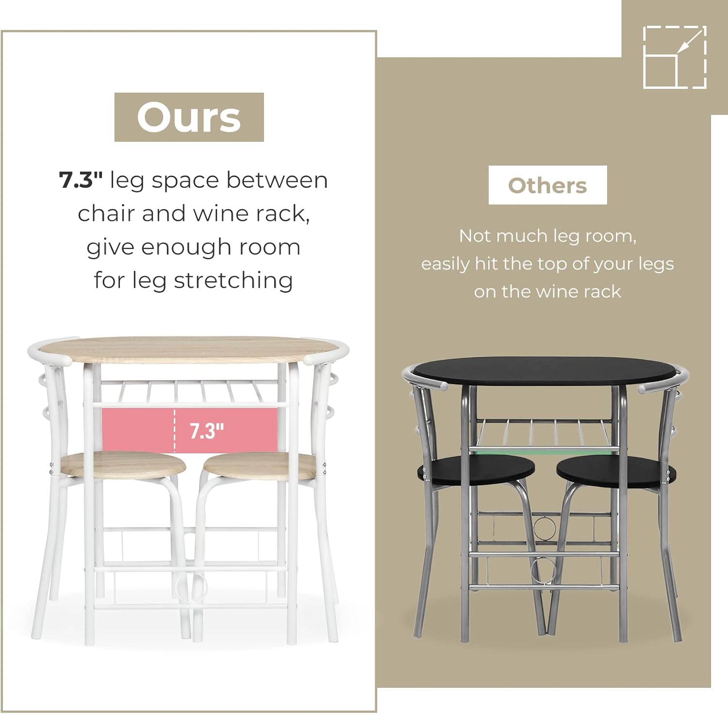 VINGLI 3 Piece Dining Set,Small Kitchen Table Set for 2,Breakfast Table Set,Kitchen Wooden Table and 2 Chairs for Small Space/Dining Room/Apartment,Metal Frame,Wine Rack,White&Light Oak