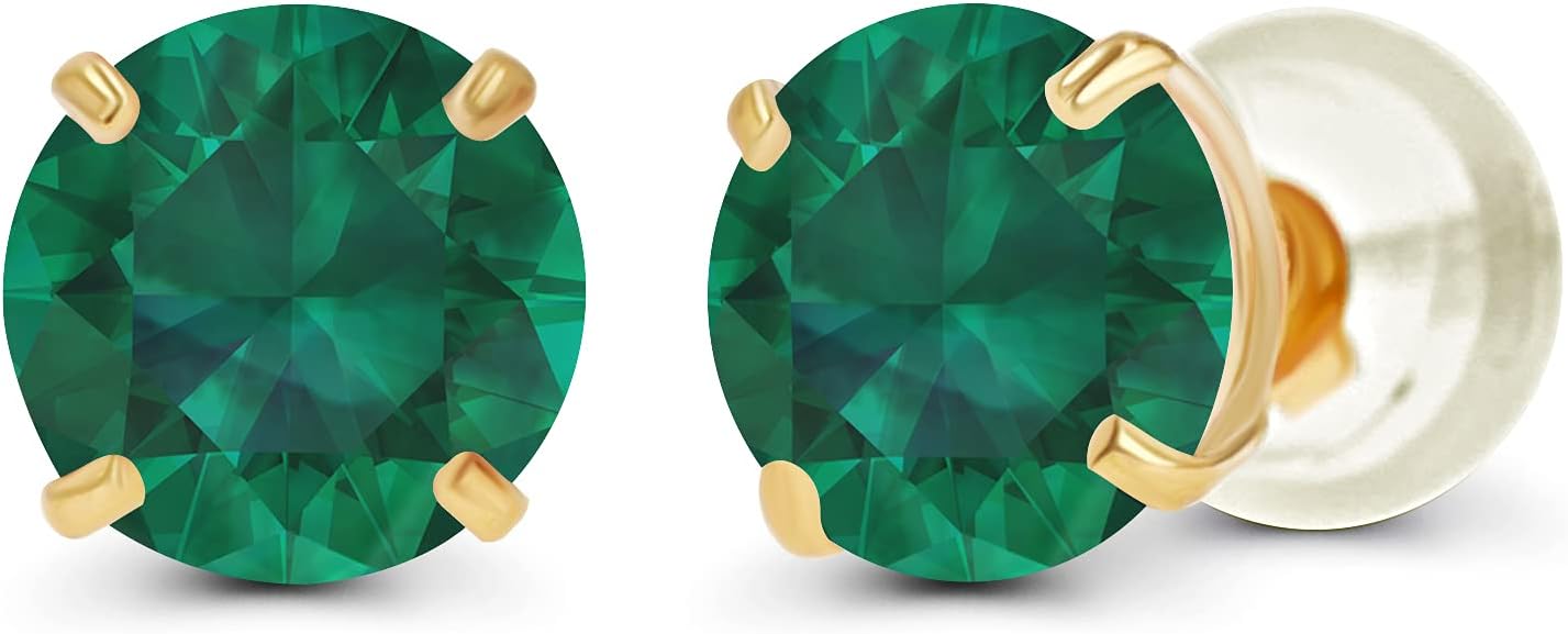 Solid 14K Yellow, White or Rose Gold 4mm Round Genuine Gemstone Birthstone Prong Set Stud Earrings For Women