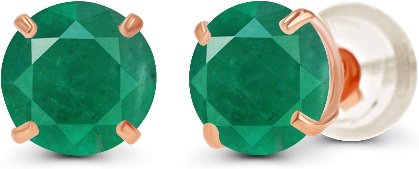 Solid 14K Yellow, White or Rose Gold 4mm Round Genuine Gemstone Birthstone Prong Set Stud Earrings For Women