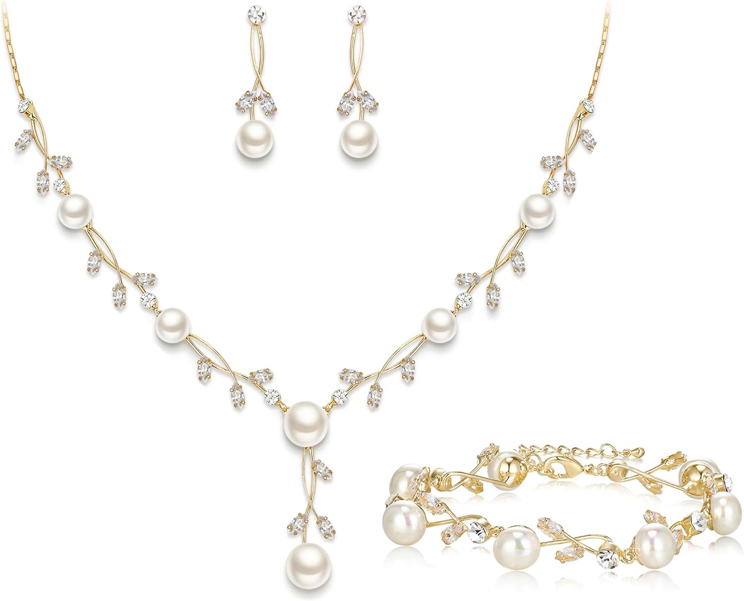 EVER FAITH Wedding Pearl Jewelry for Bride CZ Crystal Simulated Pearls Floral Vine Filigree Bridal Necklace Earrings Set