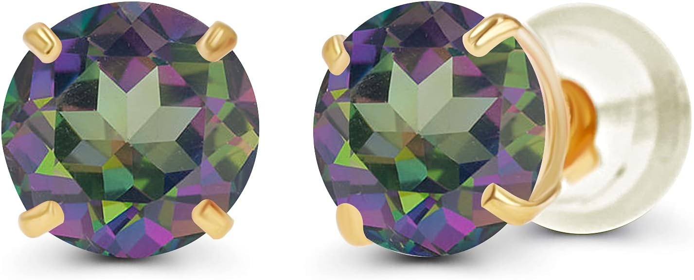Solid 14K Yellow, White or Rose Gold 4mm Round Genuine Gemstone Birthstone Prong Set Stud Earrings For Women