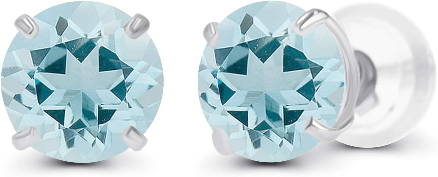 Solid 14K Yellow, White or Rose Gold 4mm Round Genuine Gemstone Birthstone Prong Set Stud Earrings For Women
