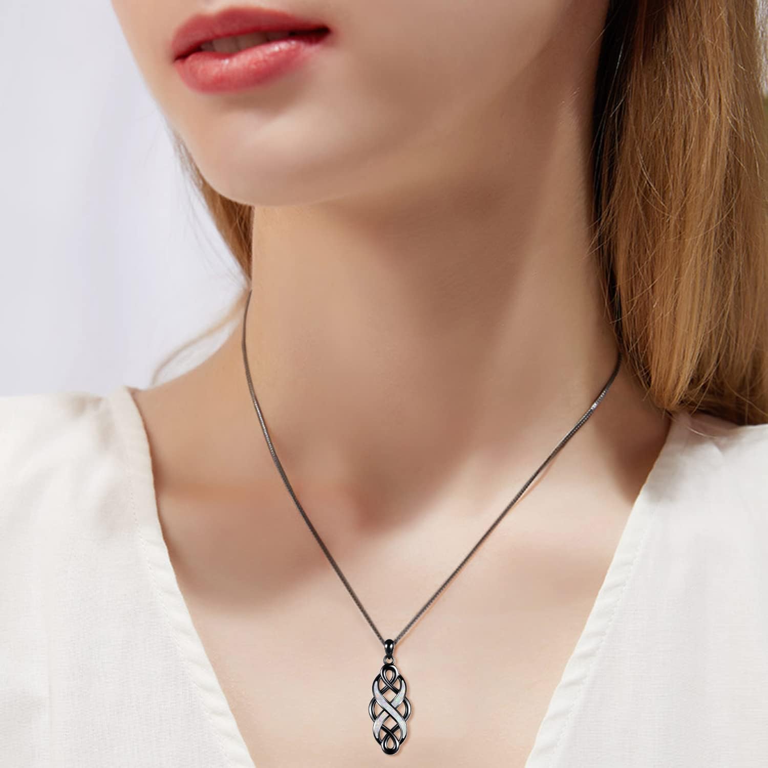 YFN Irish Celtic Knot Created Opal Pendant Necklace Sterling Silver Black Necklaces for Women Men 18"
