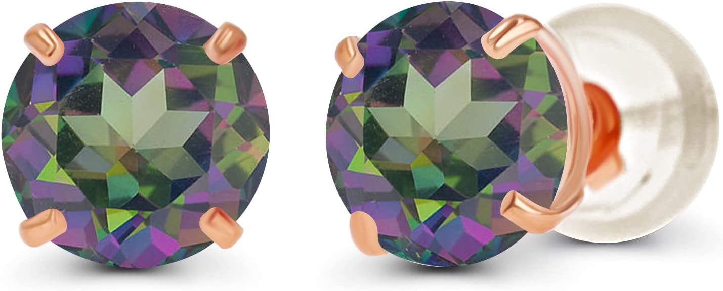 Solid 14K Yellow, White or Rose Gold 4mm Round Genuine Gemstone Birthstone Prong Set Stud Earrings For Women