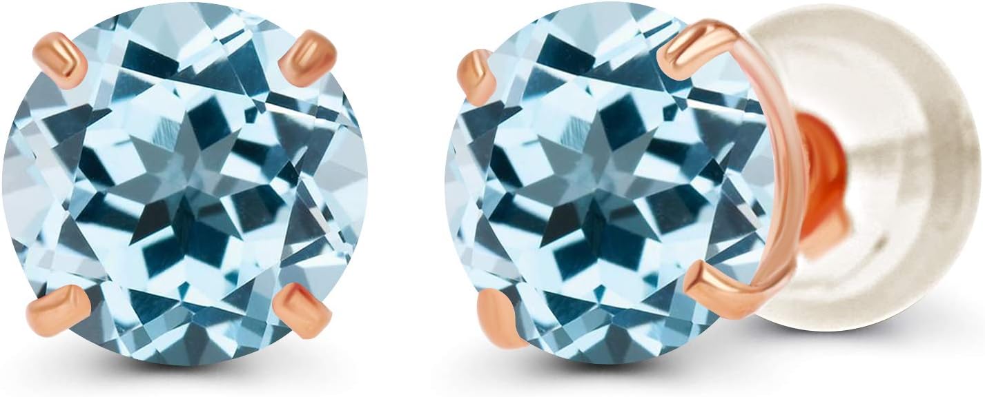 Solid 14K Yellow, White or Rose Gold 4mm Round Genuine Gemstone Birthstone Prong Set Stud Earrings For Women